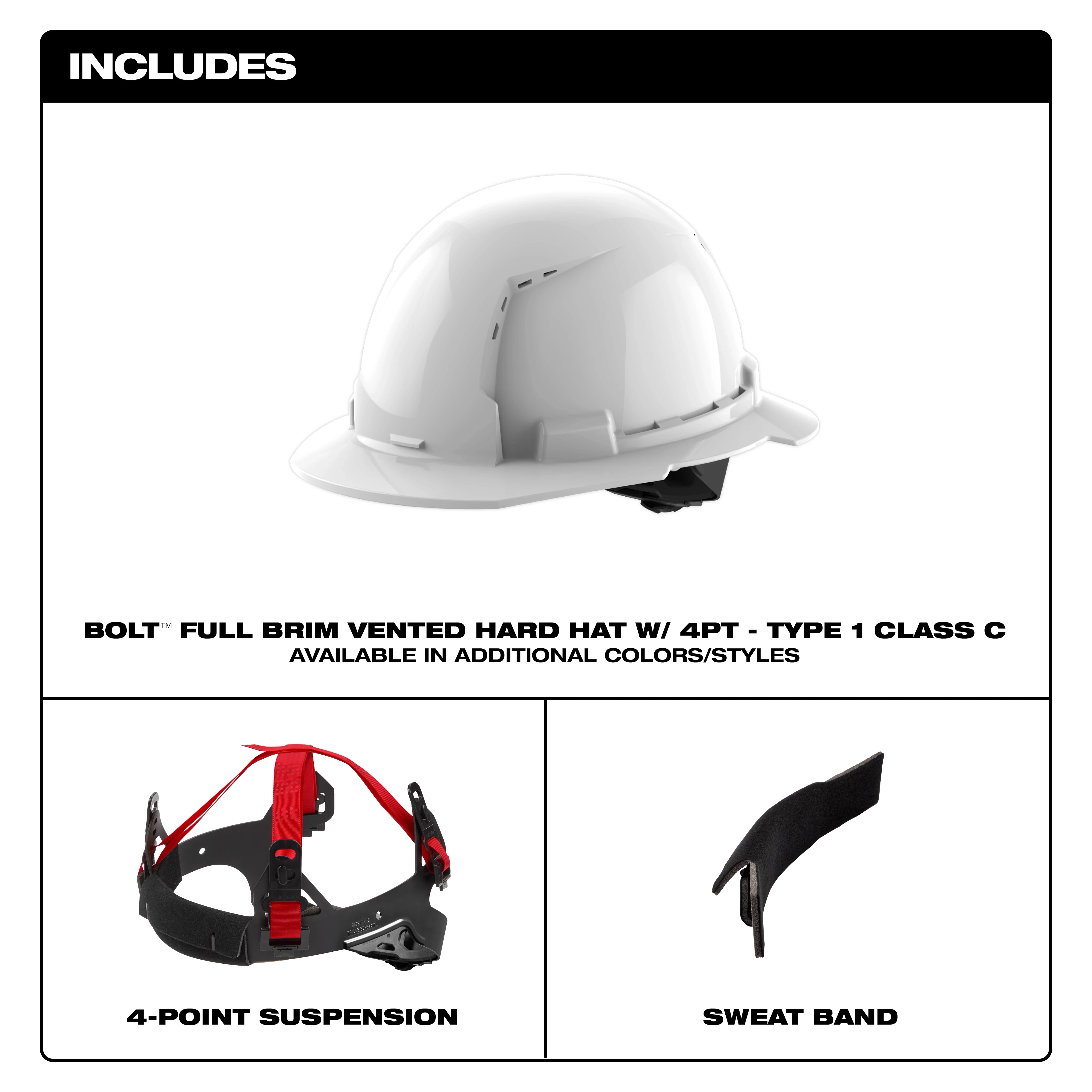 Casco con ventilación y ala completa negro con suspensión de trinquete de 4 puntos BOLT™ (EE. UU.): Tipo 1, Clase C